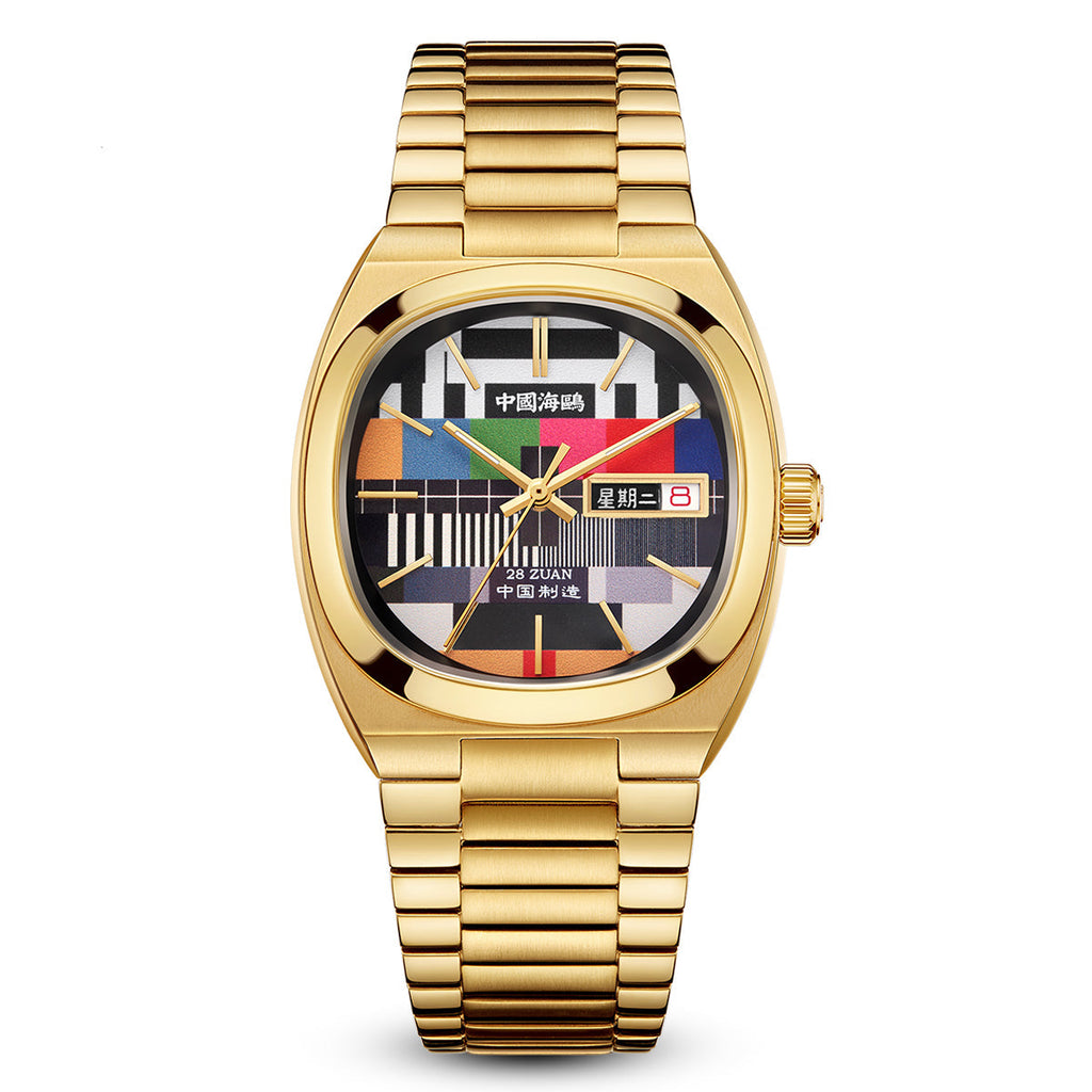 Golden Tonneau Case TV Dial Day-date Calendar Couple's Watch 34mm/30mm